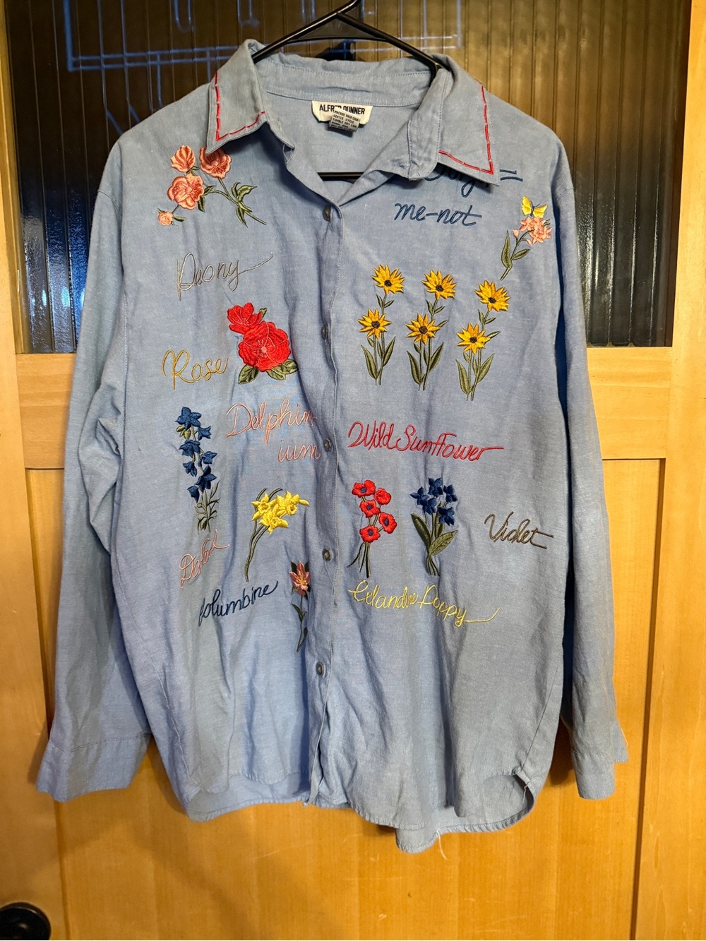 Alfred Dunner Embroidered Floral Denim Button Down Women Sz 14